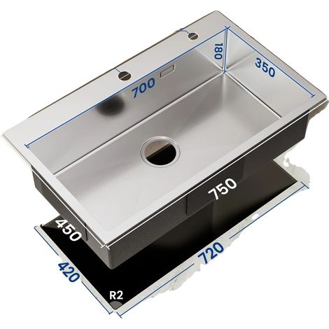 Lavello da cucina in acciaio inox, con sistema di scarico salvaspazio, cromato, 75 x 45 cm. (1/2)