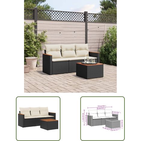 The Living Store Salon de jardin 4 pcs avec coussins noir résine tressée - Ensemble Salon De Jardin - Meuble Extérieur - Résine Tressée - Rotin Synthétique - Canapé D'extérieur (1/3)