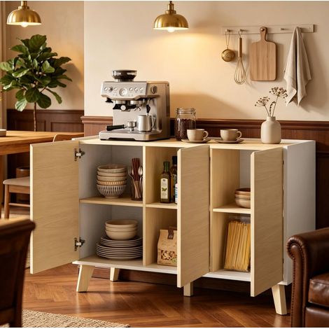 Buffet enfilade 120 cm rangement MDF naturel blanc HAVRYA (1/5)