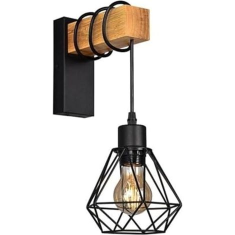 BARCELONA Vintage-style LED wall light with 1 bulb, industrial design, retro lamp made of steel and wood, white, brown, E27 socket LM135-NFBM Black