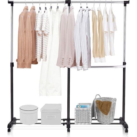 GOPLUS Portant a Vetement 2 Barres de Suspension Hauteurs et Longuer Reglables, Penderie Roulette avec 2 Etageres, 4 Roues Universelles 2 avec Frein, Tablette Basse pour Chaussures, 91-160x43x93-168CM (1/5)