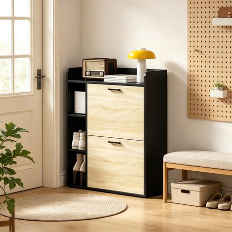 Armoire à chaussures pour 15 paires de chaussures, meuble à chaussures moderne avec 2 compartiments rabattables, armoire de rangement de chaussures gain de place pour couloir, entrée et appartement (1/5)