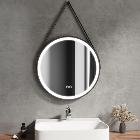 EMKE Rund Badspiegel mit Beleuchtung 60cm 3 Lichtfarben Dimmbar Touch Schalter mit Dekorative Gürtelaufhängung Mattschwarz