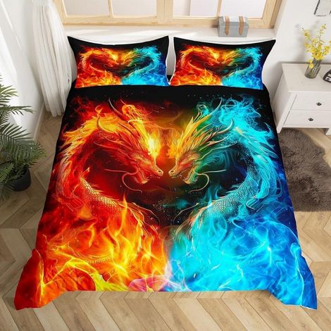 Bettwäsche-Set 200x200cm mit 2 Kissenbezügen, 3D Drachen-Design, Mikrofaser