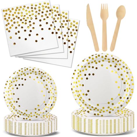 Vaisselle Jetable Anniversaire - 144 Pièces - Papier Et Bois - Pour 24 Invités - Fête Et Mariage - Blanc Et Or (1/5)