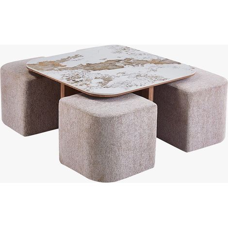 EVORA Table basse en pierre frittée blanc avec 4 poufs pieds couleur bois (1/5)