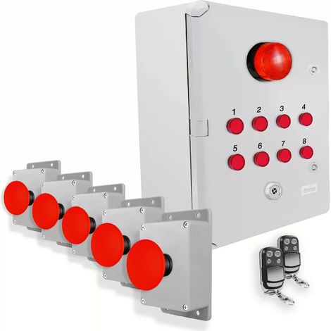 Système identification alerte sans-fil 300m - 5 boutons coup de poing Sirène Flash LEDs Télécommandes d'arrêt (DA600+)