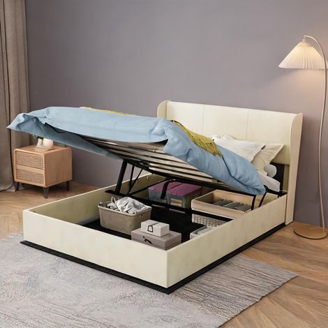 Tête de lit beige en tissu métal 200 x 140 x 133 cm (1/5)