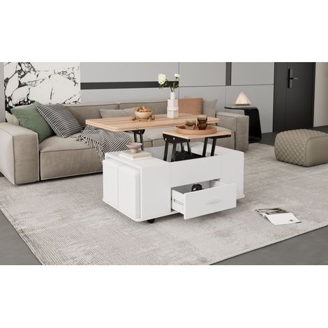 Table de chevet réglable en hauteur. Table de salon mobile. Table de chevet multifonctionnelle, qui peut être transformée en table à manger dans le salon. Table de chevet avec des tiroirs, et 4 chaise (1/5)