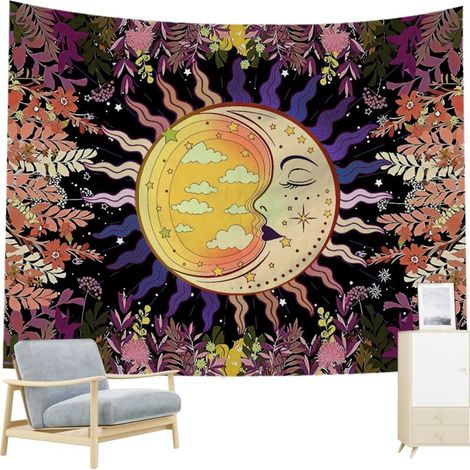 Wall Tapestry, Moon Sun Flower Black Tapestry Wall Decor Psychedelic Tapestry Aesthetic Boho Wall Hanging Decorative, for Bedroom Dorm Party(150x130cm) (1/4)