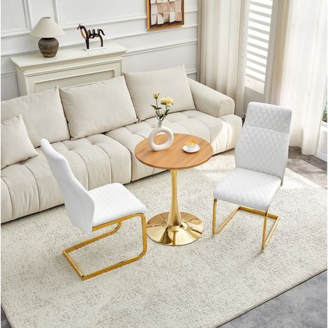 Set de mesa redonda 60 cm en MDF con base dorada y 2 sillas blancas de polipiel (1/5)