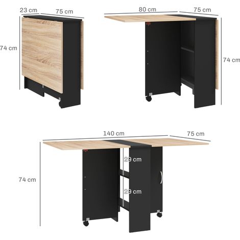 Table console pliable (4-6 places, avec roulettes et étagères), 140x75x74cm, bois de chêne et finition noire. (1/5)