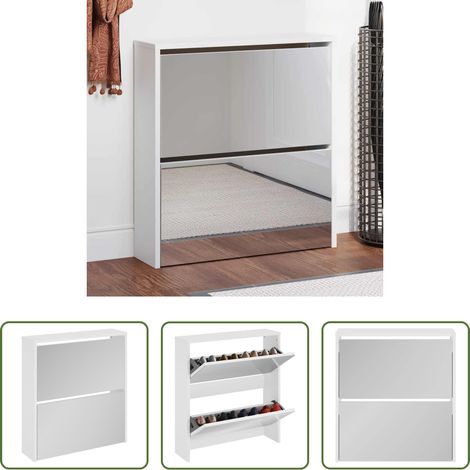 vidaXL Schuhablage - Schuhschrank mit Spiegel 2 Fächer Hochglanz-Weiß 63x17x67 cm (1/5)