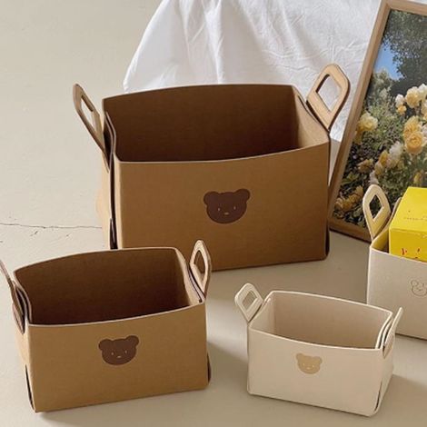 Panier de rangement en feutre en forme d'ours, organiseur de bureau, boîte de rangement pliable pour les collations, les jouets, les cosmétiques et le linge, brun rougeâtre. (1/5)