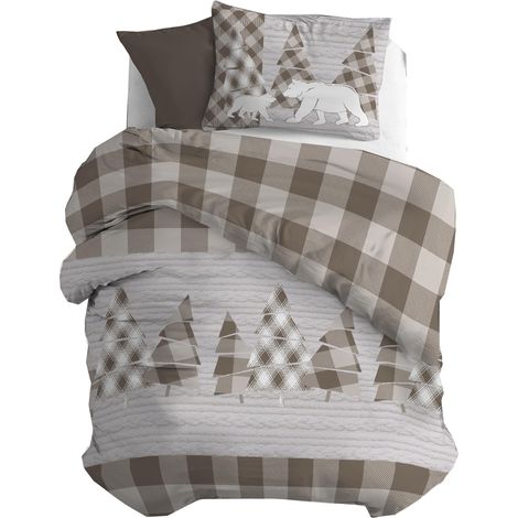 Parure de lit Simple en Flanelle 100% Coton avec Housse de Couette 155 x 200 cm et taie d'oreiller 52 x 82 cm, Lavable en Machine à 40 degrés, Motif Beige (1/5)