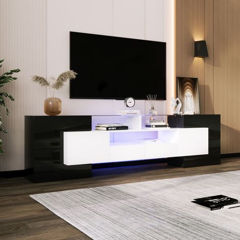 Meuble tv 200 cm blanc et noir brillant avec led et plateau en verre, design moderne (1/5)