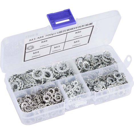 Jeu de 700 rondelles frein dentées galvanisées plates, outil de fixation M3/M4/M5/M6/M8 (1/5)