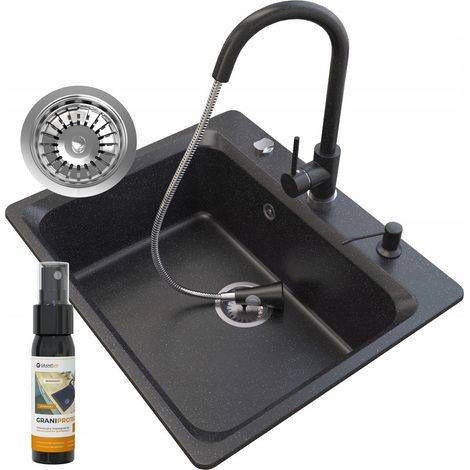Évier en granit ZANTE avec mitigeur SNAKE et siphon – 1 bac, noir, 619x522 mm. (1/4)