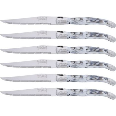 Jeań Dubost Laguiole set de 6 couteaux à steak marbre blanc manches blancs/gris lames inox 1,2 mm (1/2)