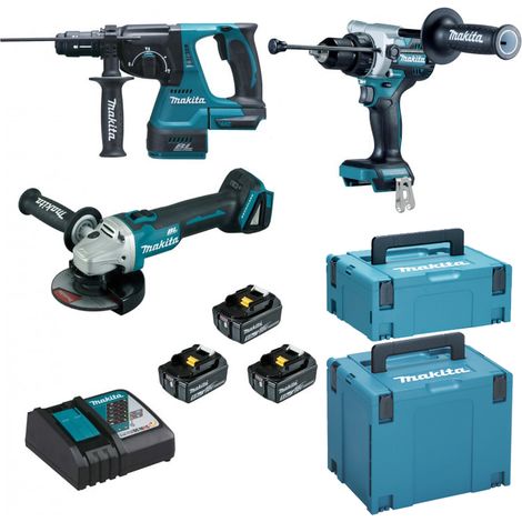Makita – Kit 3 outils 18V LXT avec 3 batteries 5.0Ah – Perceuse, visseuse à chocs, meuleuse – Moteur Brushless, transport Makpac (1/10)