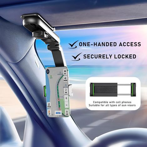 Support téléphone voiture pare-soleil rétractable rotatif, support miroir réglable pour smartphone avec utilisation mains libres (1/3)
