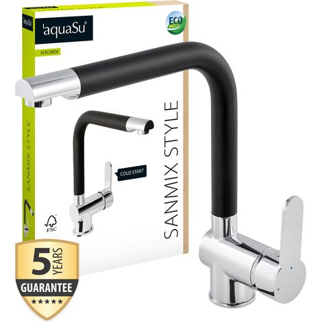 'aquaSu® Spültischarmatur Sanmix Style, Einhebelmischer Wasserspar-Kartusche, Kaltstart-Funktion, Wasserhahn für Spüle, Auslauf schwenkbar, Befestigung von oben, Messingkern, chrom-schwarz, 795968 (1/5)