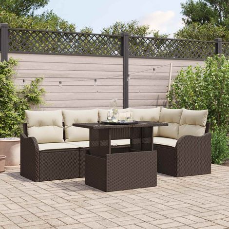 Salon de Jardin Modulaire 6 Pièces en Poly Rattan Marron avec Table et Coussins - PANGIVO (1/5)