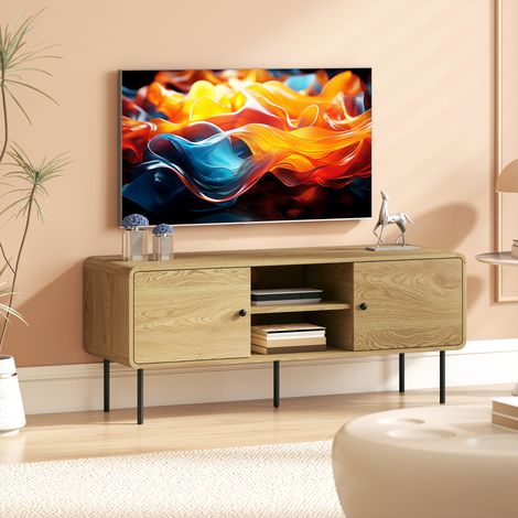 Mobile porta TV, adatto per televisori fino a 55 pollici, con 2 ante, 2 vani a giorno, gambe in acciaio, 120x40x50 cm, rovere