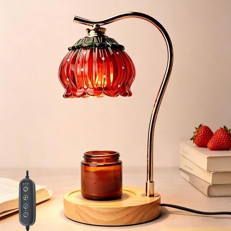 Lampe chauffe-bougie électrique fraise à intensité variable et 2 ampoules, base en bois, sans flamme, lampe d'aromathérapie pour chambre à coucher, salon, cadeau de pendaison de crémaillère (1/5)