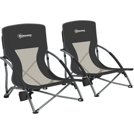 Lot de 2 chaises de plage pliables, légères et transportables avec sac, repose-gobelet, 58x55x62 cm noir. Idéales pour camping, randonnée ou jardin. (1/5)