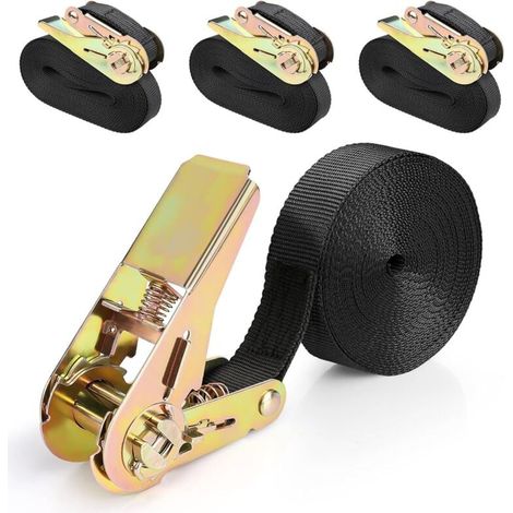 Lot De 4 Sangles D'arrimage À Cliquet 2 Mètres 25 Mm 800 Kg Tendeur Câble Frein Noir (1/4)