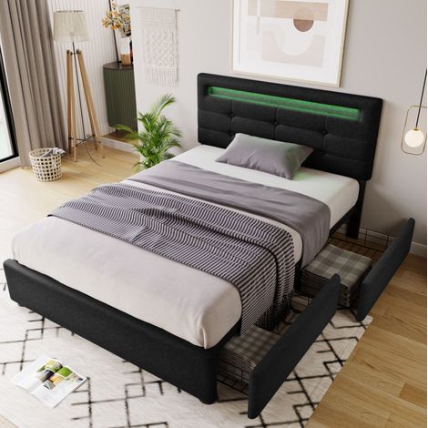 Bett 90x200 cm schwarz mit LED, verstellbarem Kopfteil, 2 Schubladen, Lattenrost und Matratze, gepolstert (1/5)