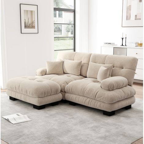 Modulares Ecksofa aus Chenille, 2-Sitzer, mit Ottoman, hellbraun HAVRYA (1/5)