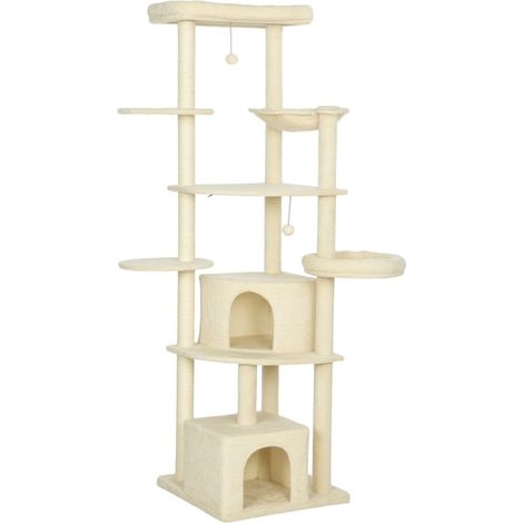 Árbol rascador para gatos 200 cm para 2-3 gatos con cuevas, hamaca y sisal beige (1/5)