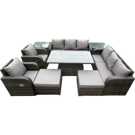 Fimous Ensemble de meubles de jardin extérieur en rotin élévateur hauteur réglable table à manger chaise longue canapé ensemble avec 2 tables d'appoint 2 grands repose-pieds gris foncé mix (1/5)