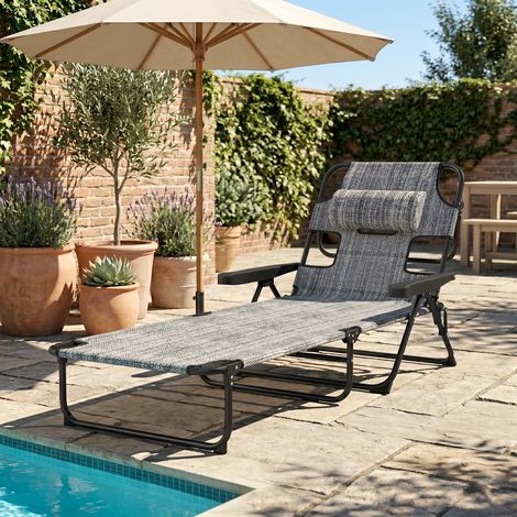 Tumbona de Jardín Plegable con Respaldo Ajustable en 4 Niveles Orificio de Lectura y Reposacabezas 145x72x89 cm Gris (1/5)