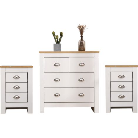 FURNITURE HMD 3 Pieces Bedroom Furniture Set,Wooden bedside table and Chest of drawers,White+Oak
