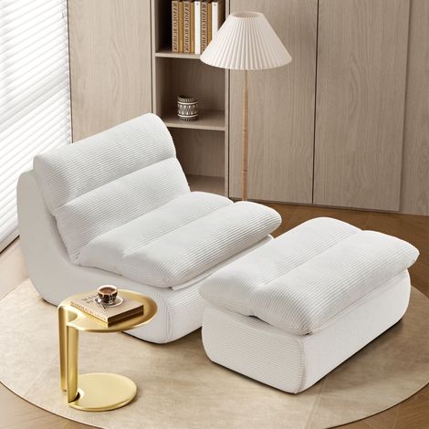 Fauteuil poire en velours côtelé blanc avec repose-pieds, coussin d’assise et dossier amovibles, largeur 101 cm (1/5)