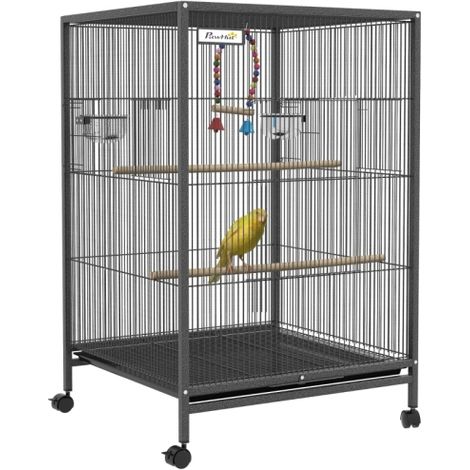 Grey Bird Cage with Rolling Stand for Budgies and Small Birds - Ideal Home for Your Feathered Friends (1/5)