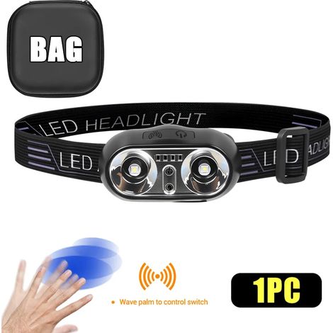 (Avec sac) Lampe frontale puissante et portable à capteur LED, rechargeable par USB, idéale pour le camping, la pêche et les situations d'urgence.