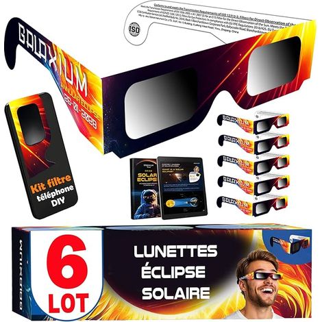 Galaxium Lot de 6 Lunettes Eclipse Solaire ISO 12312-2 AAS 2026 Lunette pour Eclipse Solaire Lunettes Protection Eclipse Solaire Lunettes d'Eclipse Solaire