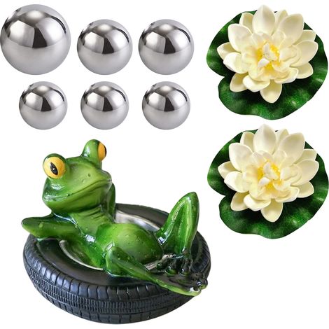 Ensemble de décoration pour mini-bassin super créatif: grenouille nageuse avec 6 boules argentées et 2 fleurs de lotus, convient a (1/5)