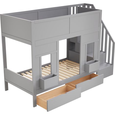 Lit superposé pour enfants avec escalier de rangement et tiroirs, grand lit mezzanine 90 x 200 avec fenêtres et coffres de rangement, cadre en bois avec barrière de sécurité, lit enfant peu encombrant