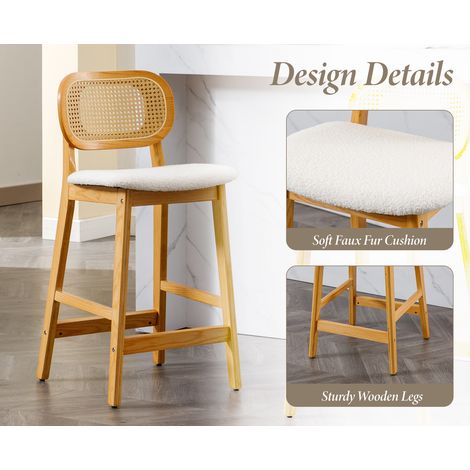 Wahson Set di 2 Sgabelli Cucina in Ecopelle, Sgabelli da Bar in Rattan Intrecciato Morbido Cucina Retrò con Gambe in Legno per Bar/Cucina/Sala, Bianco (1/5)