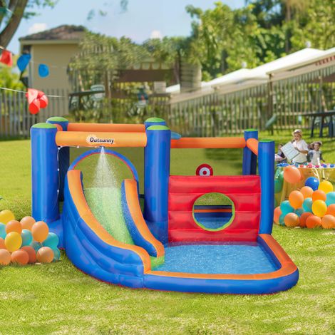 Château gonflable avec toboggan, zone de saut et piscine, pompe électrique incluse, pour 3 enfants maximum, 380 x 340 x 170 cm