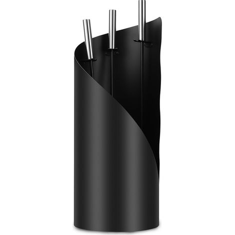 TolleTour Kaminbesteck 4-teilig mit Rundbehälter, Kaminwerkzeug Set Schwarz Silber, Besen Schaufel Schürhaken, Eisen mit Edelstahlgriffen (1/5)