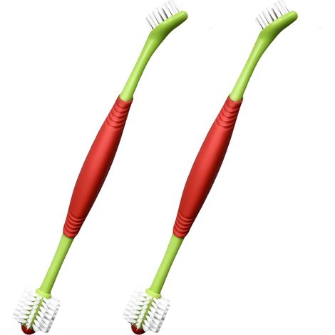 Brosse à dents chien chat 2 en 1 double tête 360° poils souples vert manche ergonomique (1/5)