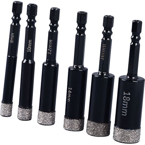 Kit de 6 forets diamantés à sec de 8, 10, 12, 14, 16 et 18 mm à queue hexagonale pour le perçage du marbre, du béton et du granit. (1/5)