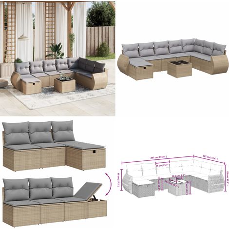 9-tlg. Garten-Sofagarnitur mit Kissen Beige Poly Rattan - Gartenmöbel Set - Outdoor Lounge - Rattan Gartenset - Gartenlounge - Esstisch Set - Home & Living (1/5)