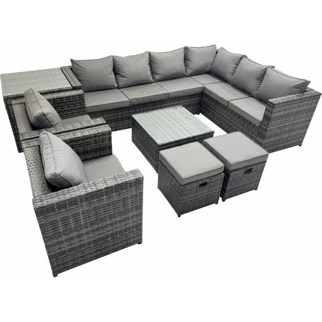 Fimous Outdoor PE Rattan Garden Furniture Sofa Set with Square Coffee Table 2 Small Stools 2 Chair Side Table Dark Grey (1/5)